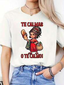 You Calm Down Or I'll Calm You Down, Casual Print, Comfortable And Versatile, 220g Pure Cotton Printed T-Shirt With Letter Pattern, Loose Fit, Casual And Versatile T-Shirt, Y2k Style - 白色 - 查看 10