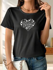Camiseta clásica de manga corta con estampado de Feliz Día de San Valentín, longitud regular, ropa de verano para mujer, adecuada para el ocio en casa, la vida universitaria y la oficina. Éxito de . - Negro - Ver 3