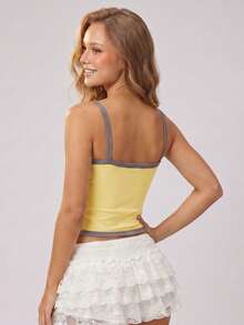Women's Summer Slim Camisole Contrast Color Cut Out Front Spaghetti Strap V-Neck Tank Tops Streetwear - 黃色 - 查看 6