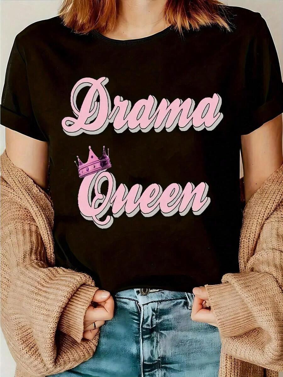 1 Piece Of Casual Short-Sleeved T-Shirt With Round Neck And Graphic Print, Perfect For Summer And Spring, Designed For Women, 100% Cotton. - 黑色 - 查看 1