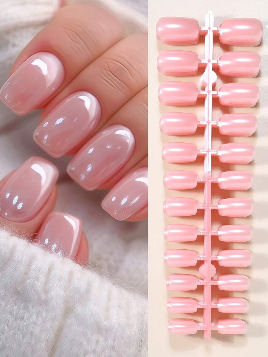 Agrega un toque de romance con 240 piezas de uñas postizas cuadradas medianas de color rosa perlado brillante con cobertura completa para mujeres y niñas. Uñas postizas adecuadas para uso diario, fiestas de verano y la oficina - Multicolor - Ver 1