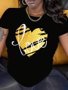 Camiseta con estampado gráfico de corazón de amor estilo graffiti para el Día de San Valentín, top casual de manga corta y cuello redondo, ropa de mujer. - Negro - Ver 6