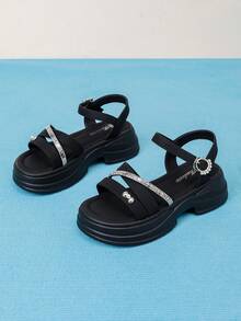 Summer New Black Crystal Wedge Sandals, Soft Sole Comfortable Platform Shoes, Versatile Daily Wear Roman Sandals - Black - View 3