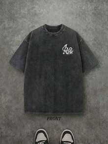 Retro Washed T-Shirt Double Sided Printed (230 Pure Cotton T-Shirt) 'OLD ROW GOLF' Letter And Golf Park Pattern Print, Men's T-Shirt, Men's Casual, Comfortable, Fashionable T-Shirt, Street Style Cotton(Retro Style, Heavyweight, Unisex) - 黑色 - 查看 3