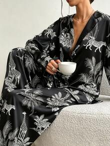 两件套奢华动物纹睡衣套装，长袖深V领上衣+阔腿裤，休闲家居服 - 黑色 - 查看 3