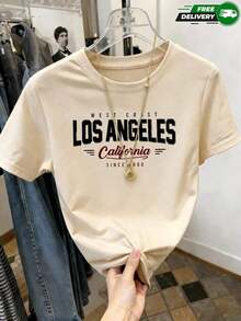 Camiseta de manga corta para mujer, adecuada para uso diario, salidas casuales, paseos y propósitos de semana, con estampado de texto de El Ángeles, California,Oeste y año 1850, cuello redondo, pecado bolsillos, pecado cremalleras, pecado botones, fabricada es , estilo casual urbano y antiguo, vintage ideal para primavera y verano. Envío nacional. No sé qué ponerme, esta es mi primera opción diaria. - Albaricoque - Ver 1