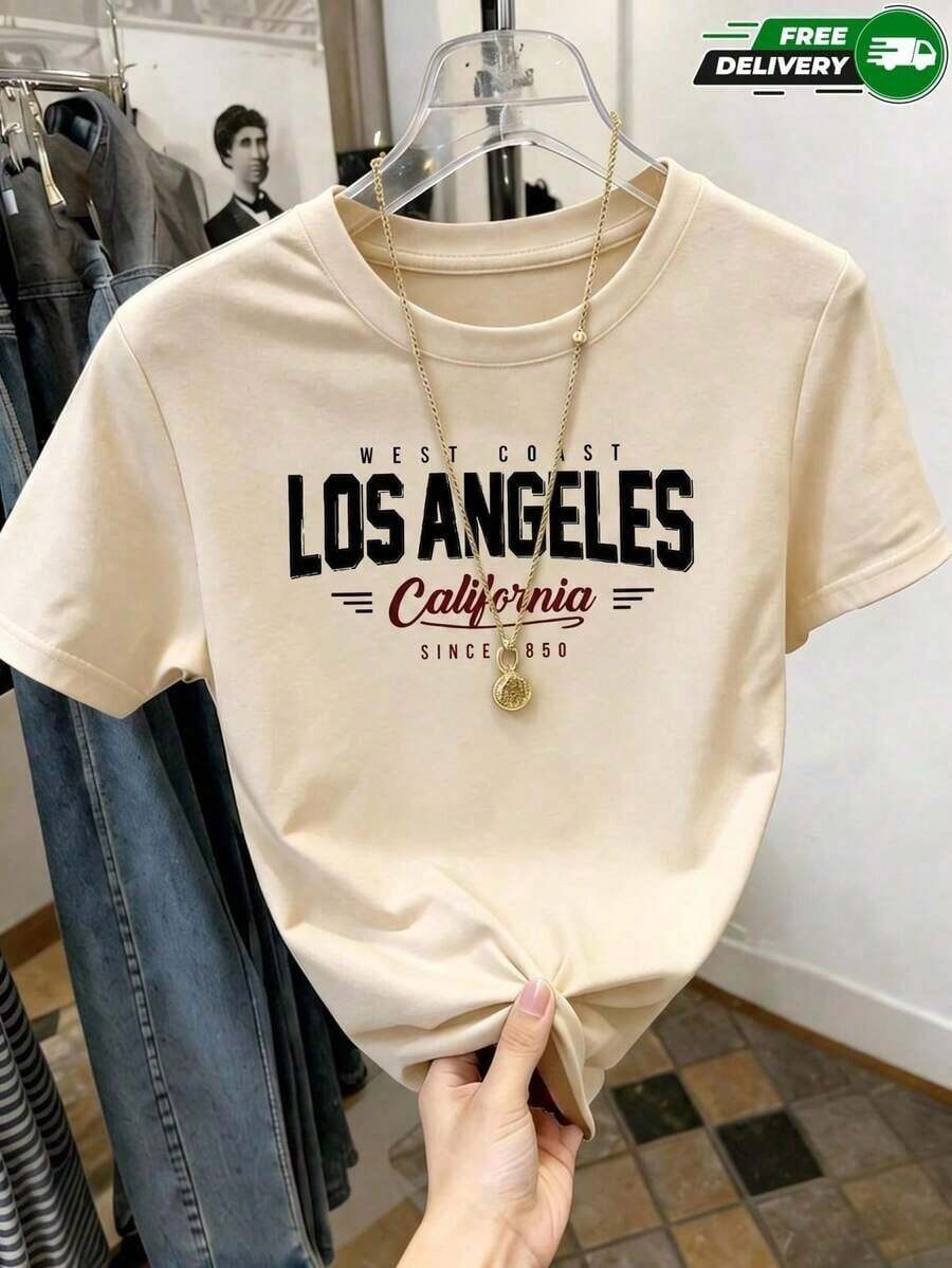 Camiseta de manga corta para mujer, adecuada para uso diario, salidas casuales, paseos y propósitos de semana, con estampado de texto de El Ángeles, California,Oeste y año 1850, cuello redondo, pecado bolsillos, pecado cremalleras, pecado botones, fabricada es , estilo casual urbano y antiguo, vintage ideal para primavera y verano. Envío nacional. No sé qué ponerme, esta es mi primera opción diaria. - Albaricoque - Ver 1