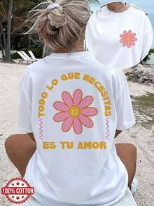Camiseta Casual Premium para Mujer "Mommy And Me" [Estampado de Doble Cara] Top de Moda para Mujer, Ropa de Verano para Damas, Estilo Lindo con Estampado Floral de Corazón "ES TU AMOR", Cuello Redondo, Manga Corta, Uso Diario, Regalo para el Día de la Madre, Ecológica - Blanco - Ver 7