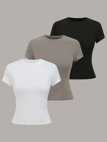 Camiseta de manga corta de unicolor casual para mujer, versátil para el verano, conjuntos de camisetas para mujer, tops básicos para mujer, paquete múltiple de tops para mujer, camisetas de mujer, tops de manga corta para mujer - Multicolor 15 - Ver 8