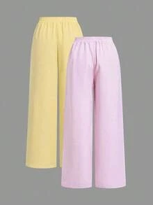 Set de 2 pantalones holgados de verano de mujer a rayas en color pastel tejidos - Multicolor - Ver 2