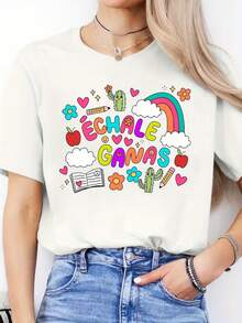 Spring-Summer Casual T-Shirt With Spanish Letter Print, Short-Sleeved Sports T-Shirt With Round Neck, Women's Top, A Very Distinctive Printed T-Shirt / Unisex Style / Suitable For Both Men And Women / Wrinkle Resistant / Breathable. - 白色 - 查看 8