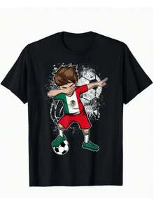 Camiseta de fútbol de México con niño haciendo dabbing, jersey de fútbol mexicano de manga corta 180G, cuello redondo estampada, regalos de Año Nuevo para hombre, papá, esposo, abuelo, S-XXXL, negra, de secado rápido, que absorbe la humedad, de malla transpirable, sin sensación de apretura - Negro - Ver 1