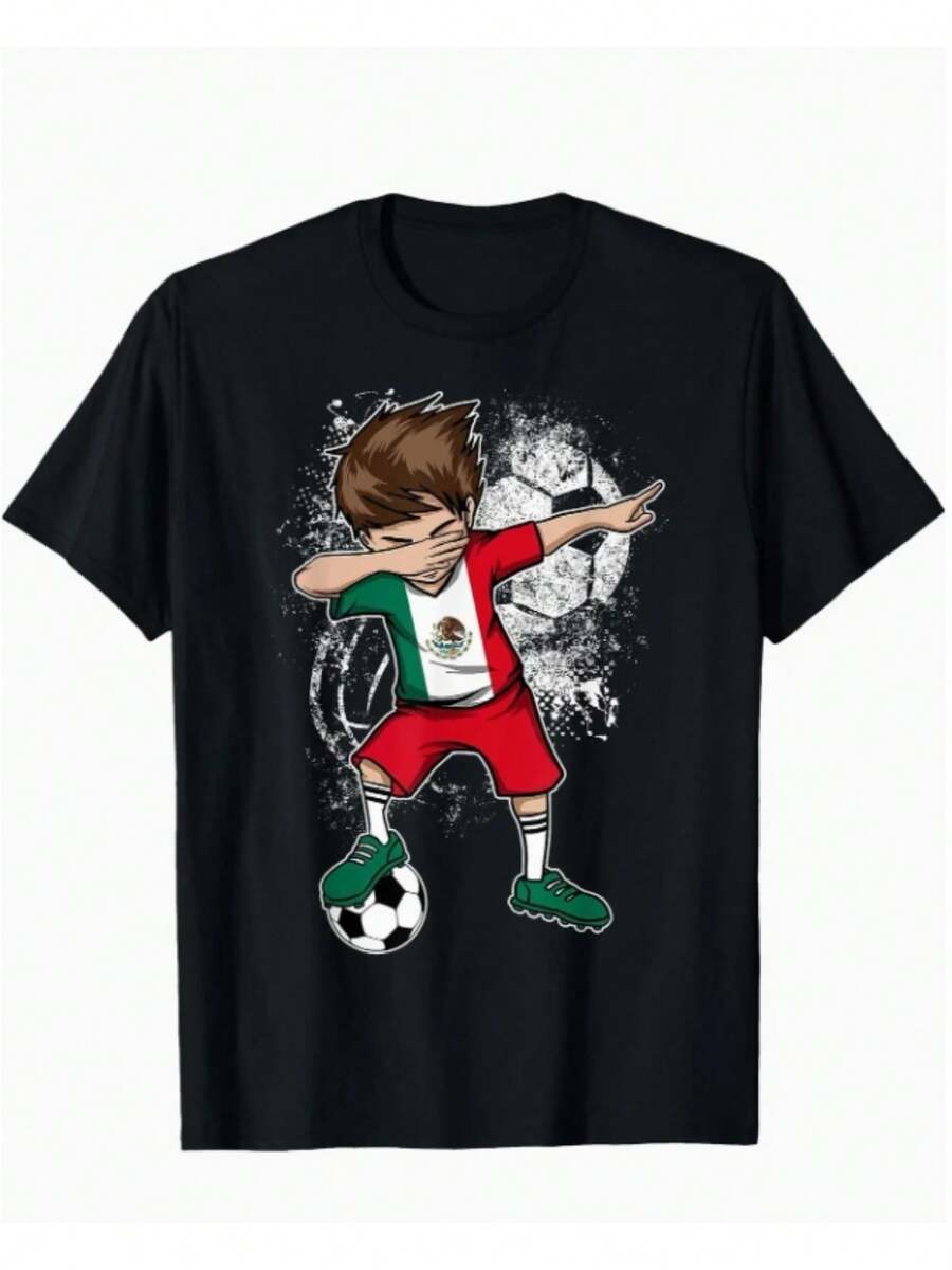 Camiseta de fútbol de México con niño haciendo dabbing, jersey de fútbol mexicano de manga corta 180G, cuello redondo estampada, regalos de Año Nuevo para hombre, papá, esposo, abuelo, S-XXXL, negra, de secado rápido, que absorbe la humedad, de malla transpirable, sin sensación de apretura - Negro - Ver 1