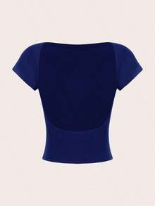 Set de 2 camisetas cortas y ajustadas de manga corta con cuello redondo y espalda descubierta, en colores rosa loto y albaricoque, de estilo minimalista y casual para mujeres - Multicolor 15 - Ver 4