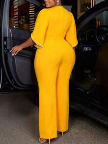Plus Size Slim Fit Jumpsuit, O-Neck Short Flare Sleeve, 3D Floral Pearl Chain, High Waist Wide Leg Pants, Elegant Commute Business Party Occasions - Yellow - View 3