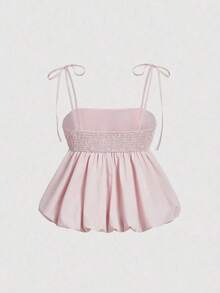 Top con dobladillo de pompón rosa para mujer, camisola de verano, San Valentín, top de tirantes de gasa rosa, top para invitada de boda, tela de poliéster suave, estilo babydoll sin mangas, look femenino y romántico, fiesta de despedida de solte - Rosa Pálido - Ver 2