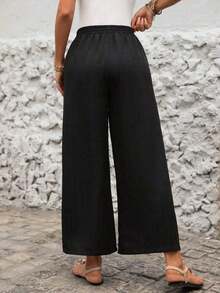 Pantalones casuales de unicolor para mujer, aptos para el verano - Negro - Ver 2