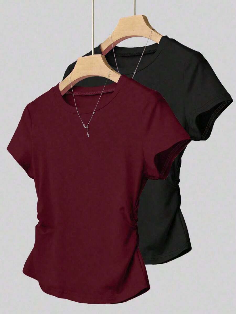 Set de 2 blusas de verano para mujer, camisetas con cintura ceñida, diseño de unicolor, burdeos y negro clásicos, de alta gama, para estudiantes, uso casual diario, adecuado para salir, ir de compras, usar en la oficina - Multicolor 2 - Ver 1