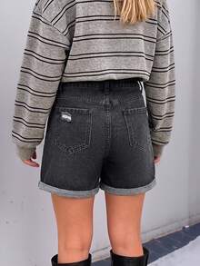 Mid-Waist Fringe Ripped Denim Shorts, Casual Straight Leg Jean Shorts For Women - Black - View 3