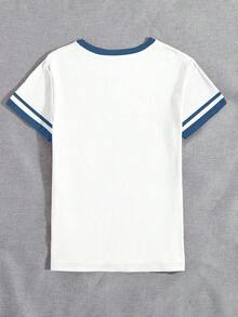 Blusa casual de cuello redondo con patrón de volantes y lazo asimétrico de color contrastante, adecuada para uso diario casual - Azul - Ver 2
