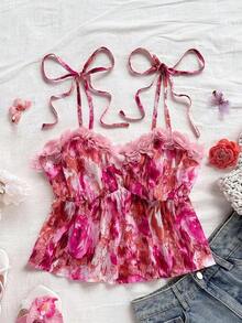 Blusa corta de gasa con estampado de flores y efecto tie-dye, adecuada para vacaciones, citas, té de la tarde, playa, cruceros, vacaciones en la ciudad, todas las estaciones, festivales de música, vacaciones bohemias - Rosa Fucsia - Ver 7