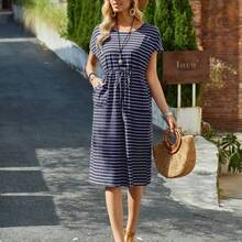 Women's Casual Striped Drawstring Waist Mid-Length Dress, Vacation Wear - Marrón - Ver 6
