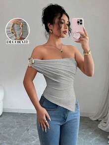 Blusa de verano para mujer con hombros decorados con botones y bajo asimétrico elegante - Gris Claro - Ver 7