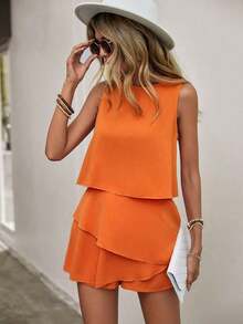 2 piezas de camiseta sin mangas y shorts de falda con diseño asimétrico y multicapa, ideal para uso casual, ir al trabajo o de vacaciones - Naranja - Ver 3