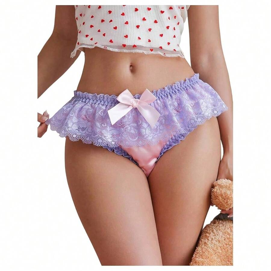 's Ruffle Lace Trim Underwear Satin Cute Bow Mid Rise Comfy Bikini Panty - 紫色 - 查看 1