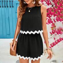 Conjunto de Verano para Mujer, Negro, Sin Mangas, con Shorts, Adorno Ondulado, Traje para Vacaciones - EPM2403013 - Ver 4