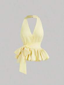 Top de mujer con cuello halter, bajo de burbuja y lazo oversize en color amarillo, ideal para citas, vacaciones, picnics, brunch, fiestas, estilo Y2K, top tubo, ropa de club, hombros descubiertos, invitada de boda, top lindo, crop top, vacacione - Amarillo - Ver 1