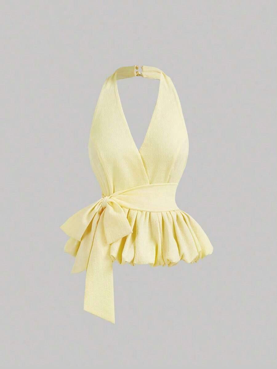 Top de mujer con cuello halter, bajo de burbuja y lazo oversize en color amarillo, ideal para citas, vacaciones, picnics, brunch, fiestas, estilo Y2K, top tubo, ropa de club, hombros descubiertos, invitada de boda, top lindo, crop top, vacacione - Amarillo - Ver 1