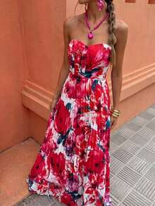 Vestido con estampado de lunares, plisado y recogido en la cintura, sin tirantes - Rojo - Ver 4