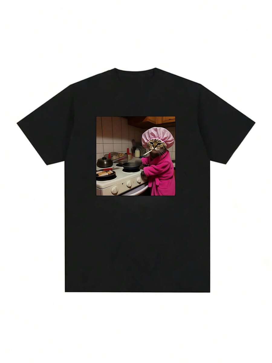 Camiseta Divertida para Hombre con Diseño de Chef Gato - Estilo Vintage Harajuku, Diseño de Cocina Rosa para Gato y Texto en Francés, Tela Suave y Transpirable, Gorro de Chef Rosa Suave y Accesorio de Ropa de Cocina, para Uso Casual, Ajuste Cómodo, Moda Retro, Atuendo Informal - Negro - Ver 1