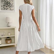 Women's Polka Dot Pattern Round Neck Cap Sleeve Elegant Mid-Length Dress Polka Dots Long Dress Women Dress Long Dress Black Dot Dress Dress Outfit - Rojo - Ver 5