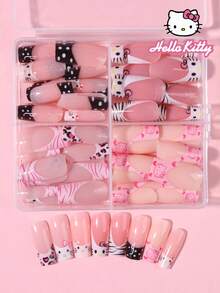 SANRIO 96片（4种混合款式）Hello Kitty Y2K风格中号方形可爱3D豹纹粉色法式美甲贴纸，饰有Hello Kitty、爱心、波点和蝴蝶结图案，粉嫩少女风，完美适配亚克力美甲套装，包含1瓶凝胶胶水和1个指甲锉，适合女孩日常和派对使用。 - 彩色 - 查看 4