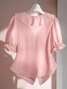 Blusa casual con cuello en V, mangas con volantes y pétalos - Rosa - Ver 2