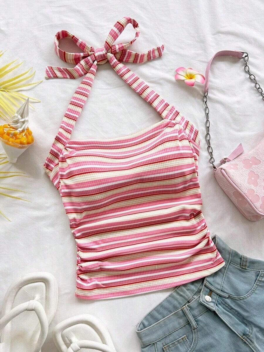 Parte superior corta ajustada con cuello de halter casual para vacaciones de mujer, verano de mujer, sin espalda, ropa de vacaciones de mujer, lunares, primavera de mujer, verano, parte superior para salir de mujer, vacaciones de mujer - Rosa - Ver 1