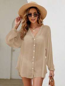 Holidaya Kimono unicolor con botón delantero - Caqui - Ver 3