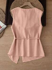 Nueva llegada Camiseta sin mangas con diseño único para mujeres, blusas coreanas de primavera/verano para mujeres, blusas lisas elegantes casuales para mujeres, blusas de estilo coreano - Rosa vieja - Ver 2
