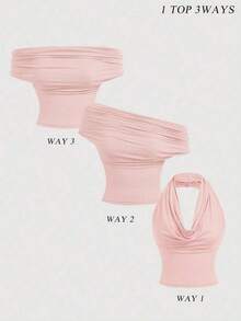 Camiseta de mujer de unicolor con pliegues, de estilo versátil - Rosa Pálido - Ver 1