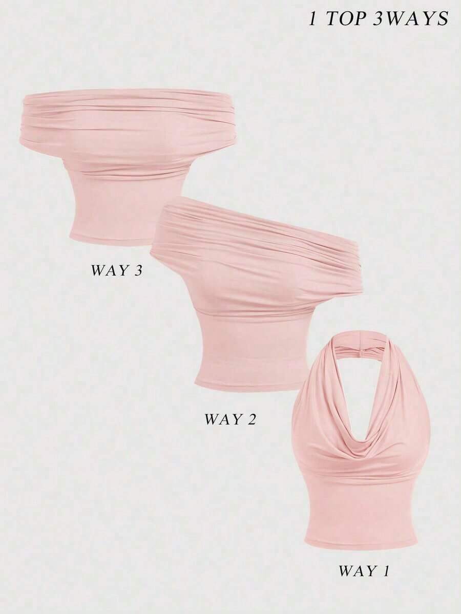 Camiseta de mujer de unicolor con pliegues, de estilo versátil - Rosa Pálido - Ver 1