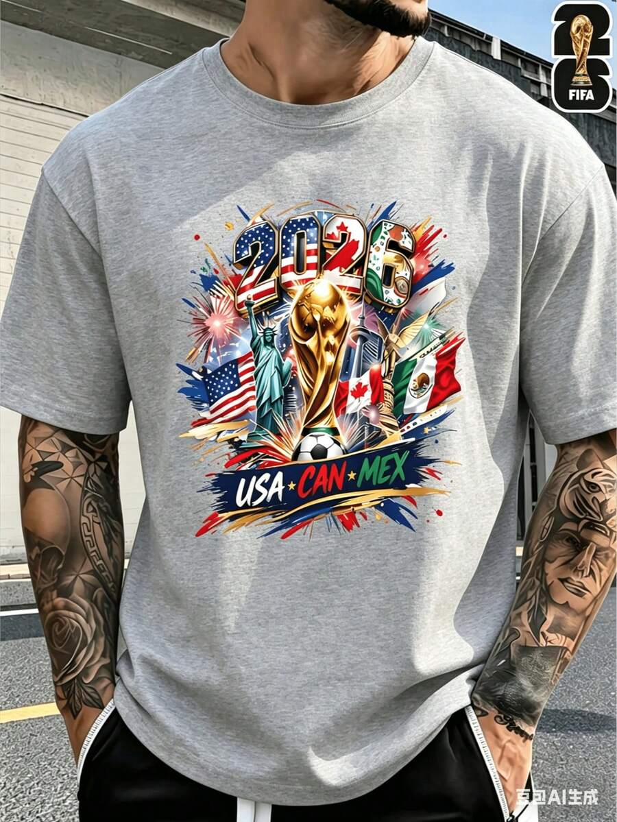 [FIFA World Cup Licensed]2026 USA-Canada-Mexico World Cup Football Pattern T-Shirt, 180g 100% Cotton, Round Neck, Comfortable Casual Sports T-Shirt For Both Men And Women, Fun Football Print Short Sleeves, Suitable For Daily Wear, Men's And Women's Couple Style, Ideal As A Birthday Gift For Fans - Xám - Xem 1