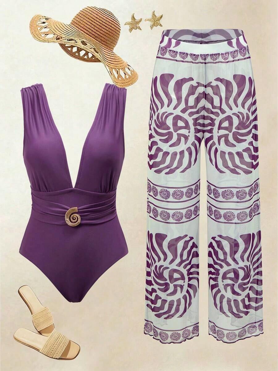 Swim Oasis Conjunto elegante de retro con estampado en espiral de un solo pieza de traje de baño coordinado con pantalón de pierna ancha, conjunto de vacaciones elegante para mujeres - Multicolor 2 - Ver 1