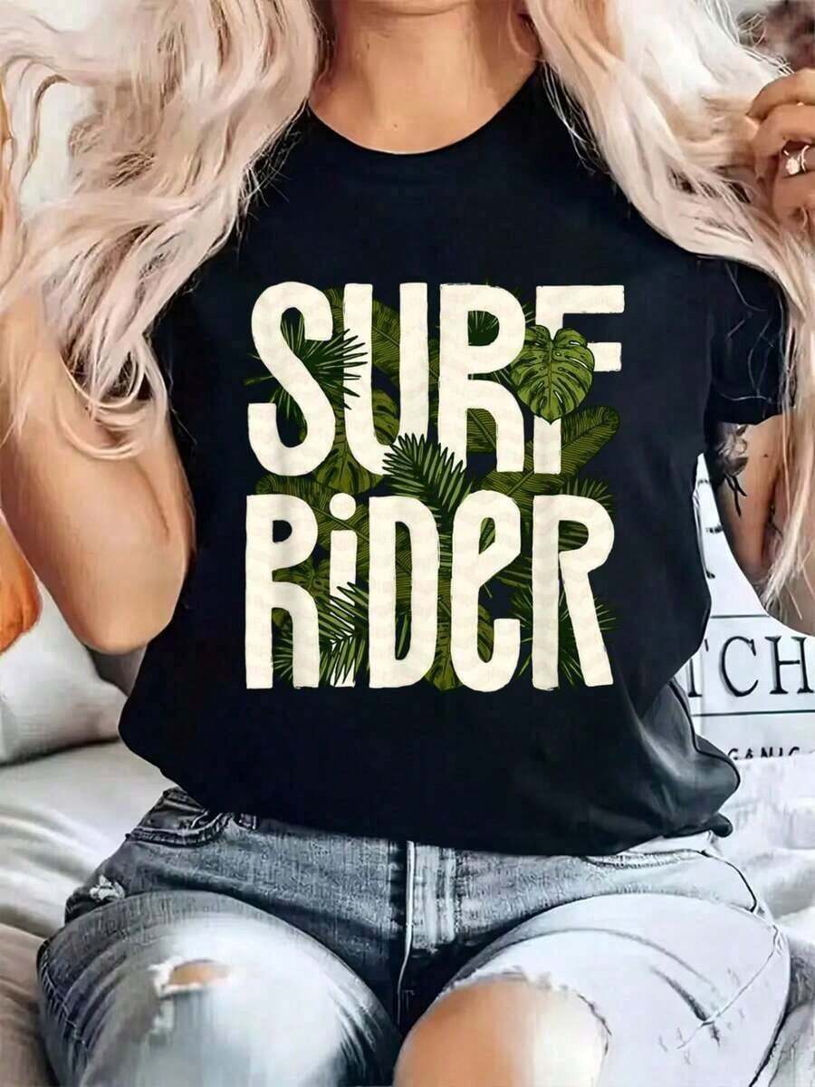 Women's 100% Cotton Blouses, "Good Chill Vibes Aloha Beach Surfboard Hawaii" Print T-Shirt, Round Neck, Summer, Soft Short-Sleeved Top, Stylish And Comfortable Women's T-Shirt, Printed T-Shirts, Suitable For Spring, Summer And Autumn. - 黑色 - 查看 1