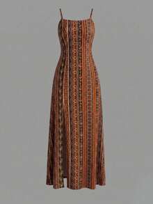 Vintage Printed Spaghetti Strap Dress, High Slit Design For Summer Beach Vacation Party Elegant - Multicolor - View 5