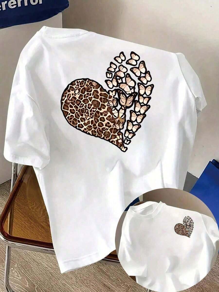 Camisetas de talla grande para mujer, corte holgado, básicas de manga corta, camiseta de manga corta con estampado frontal y trasero - Estampado de moda de jirafa y mariposa - Camiseta estampada de primavera/verano para mujer, artículo de moda, transpirable y cómoda. - Blanco - Ver 1