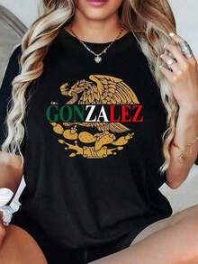 Playera Estampada Cinco de Mayo para Mujer, Corte Normal, Colores de México, Estampado Gráfico de Águila, Camiseta Casual de Manga Corta 100% Algodón para Mujer, Orgullo Mexicano, 1 Pieza, E - Negro - Ver 6