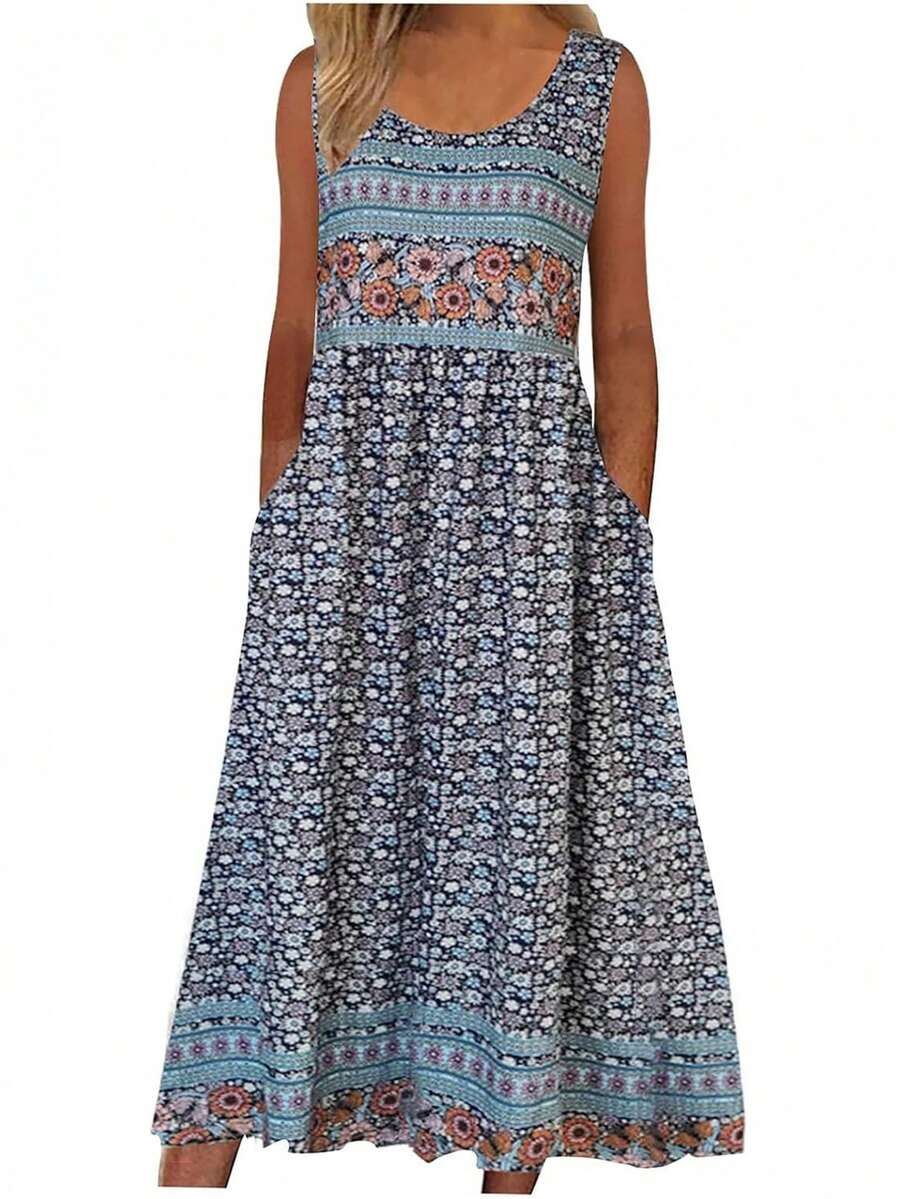 New 2025 Summer! Women's Sleeveless Bohemian Floral Casual MIDI Beach Dress With Flowing Pockets And Loose Fit - 酒紅色 - 查看 1