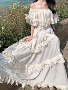 Women's Long Bohemian Summer Dress, Off-The-Shoulder With Ruffles And Bow, Wide Skirt With Floral Print, White Color, Cotton And Linen Fabric, Ideal For Beach And Holidays. - 杏色 - 查看 9